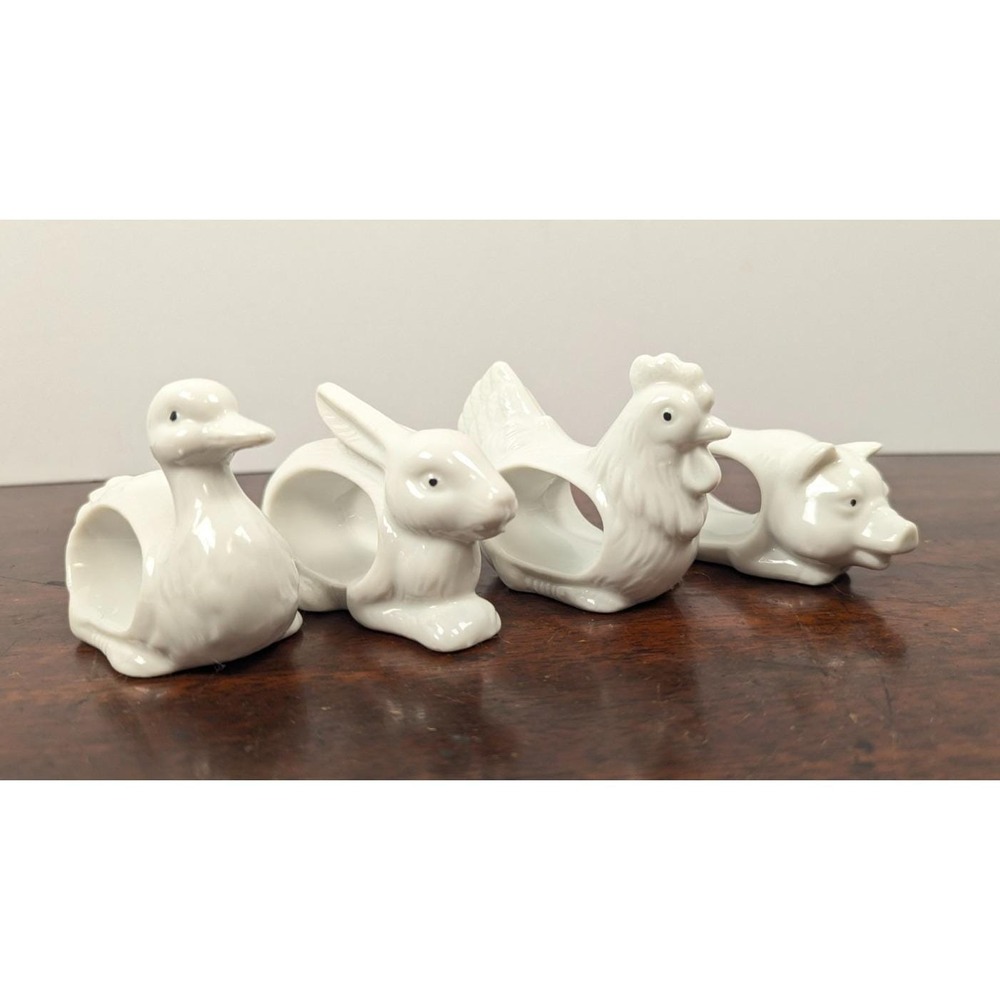 Vintage Set Of 4 Porcelain Animal Napkin Rings Rabbit Pig Chicken Duck 1984